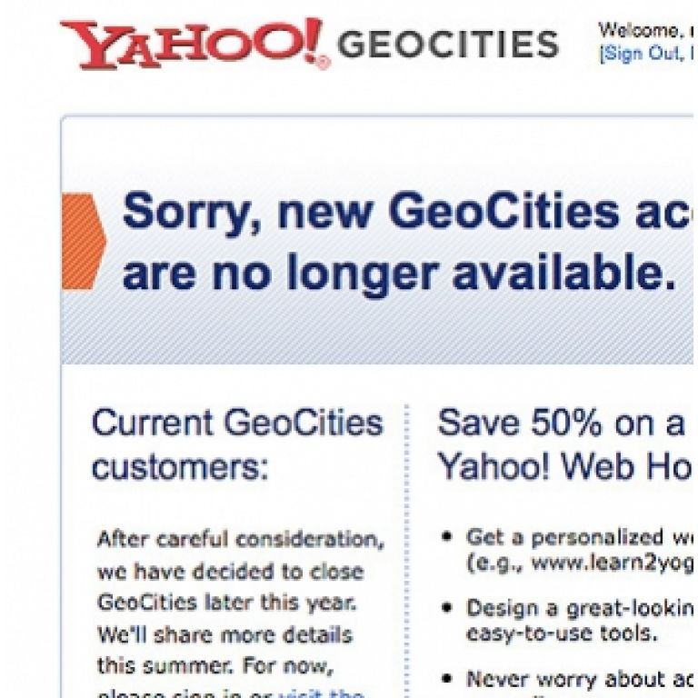 Yahoo cierra GeoCities, su sitio gratuito de alojamiento de pginas.